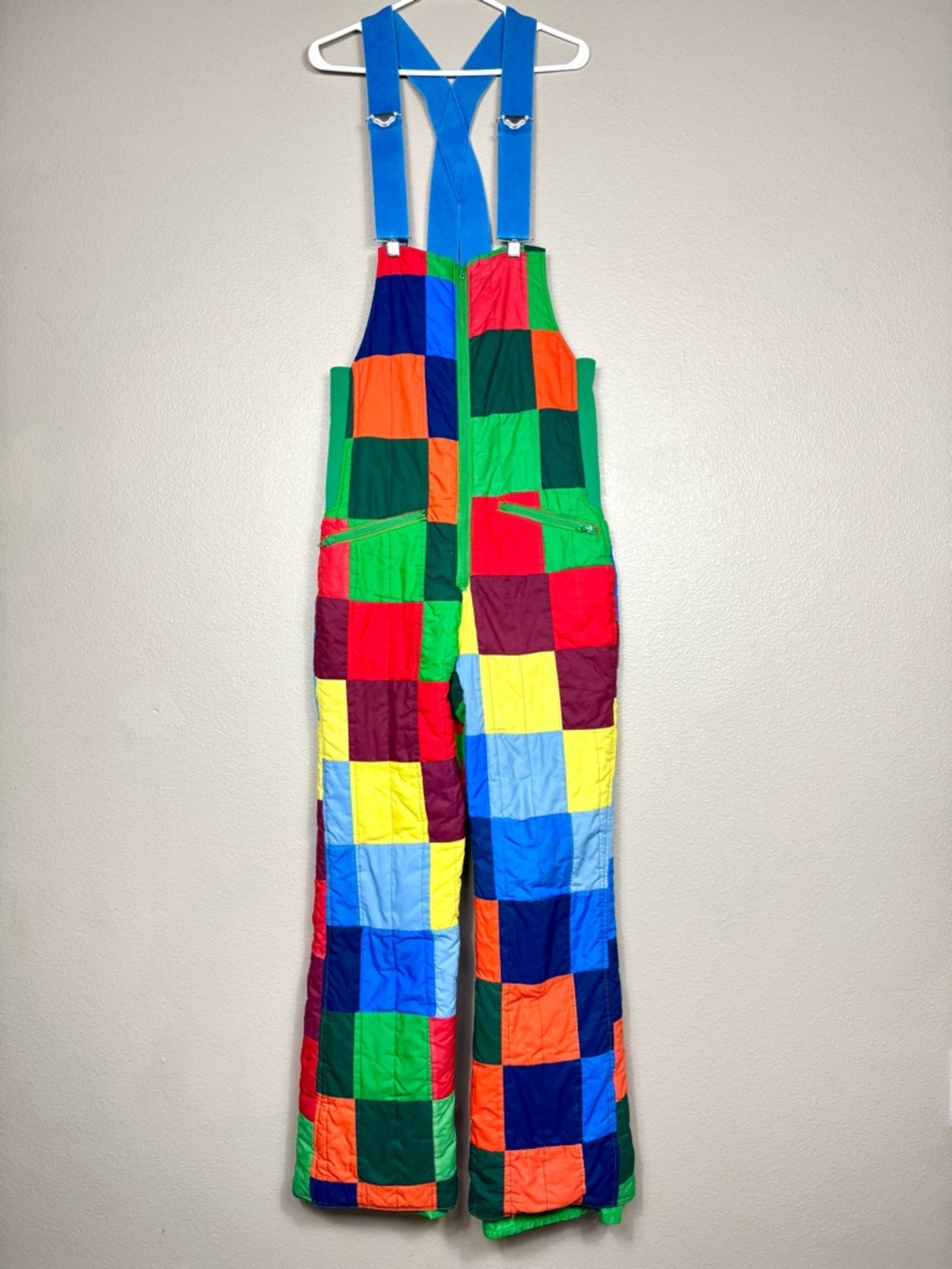 Vintage 70s Ski Suit One piece Snowsuit Bib Checkered Multicolor Patchwork H
